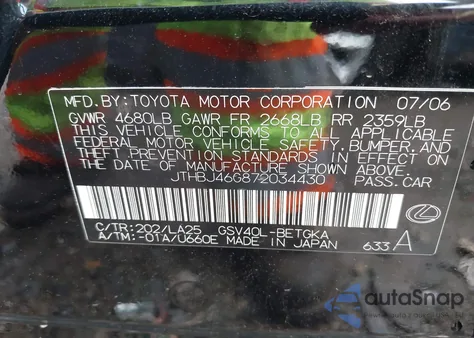 2007 Lexus Es 350 z USA, uszkodzony, nr VIN JTHBJ46G872034430